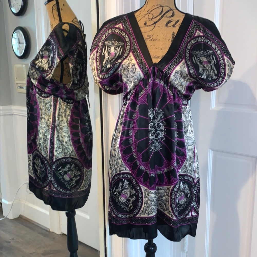 Max Rave Bold Handkerchief Cold Shoulder Mini Tunic Empire Dress S